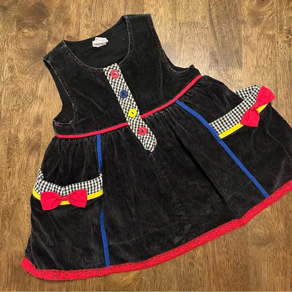 Vintage Primary Color Corduroy Baby Dress Black 80s 90s Y2K 24 Months
